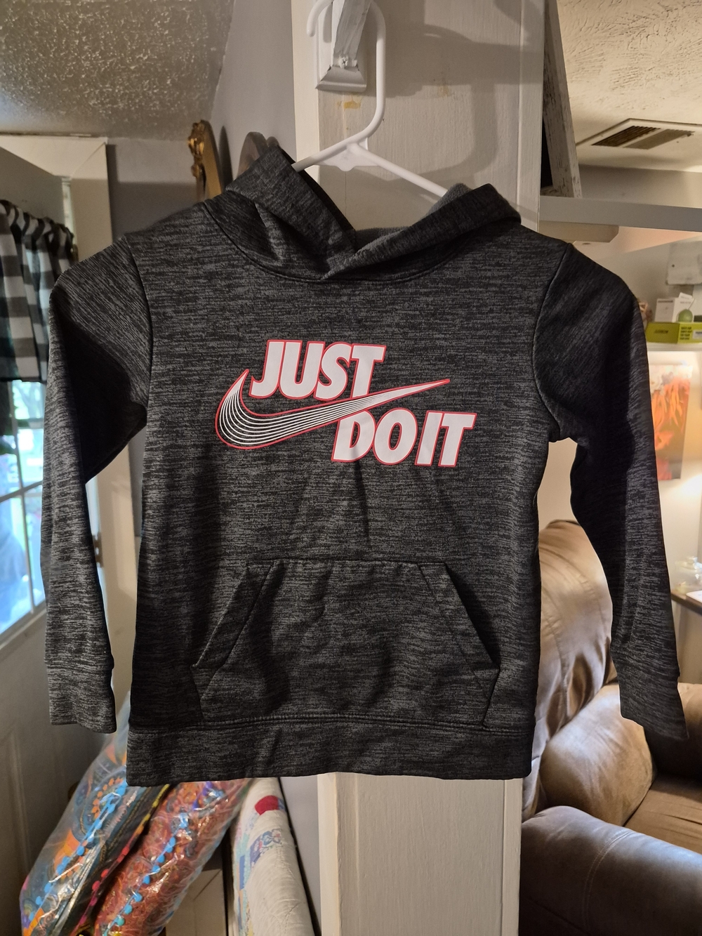 Nike Kids Charcoal Gray Hoodie with Pink-Accented "Just Do It" Logo